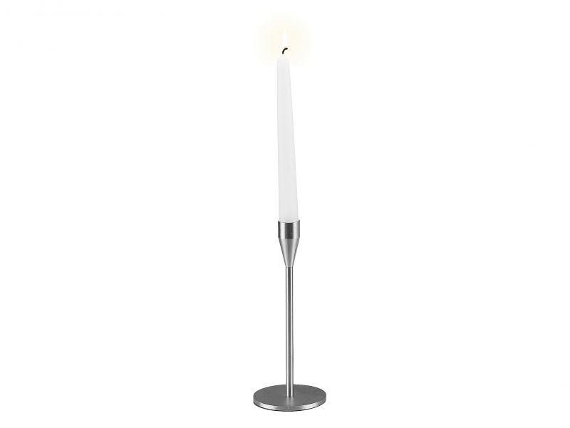 Mars/Venus Kerzenständer MINI von Piet Hein: Einzelstück, silberfarben, mit brennender, weißer Stabkerze.